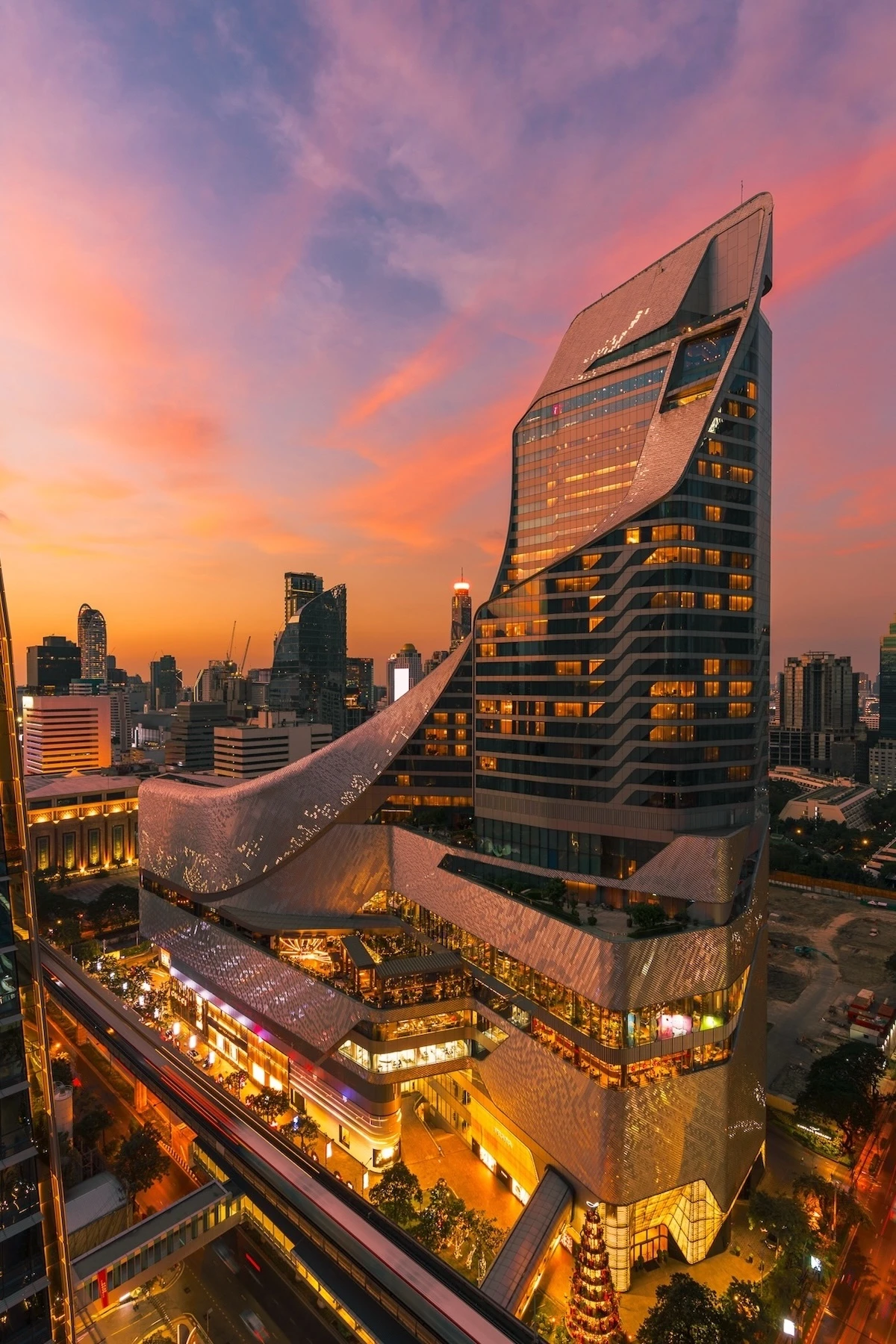 Sunset view of the Central Embassy mall near the BTS Phloen Chit in Bangkok