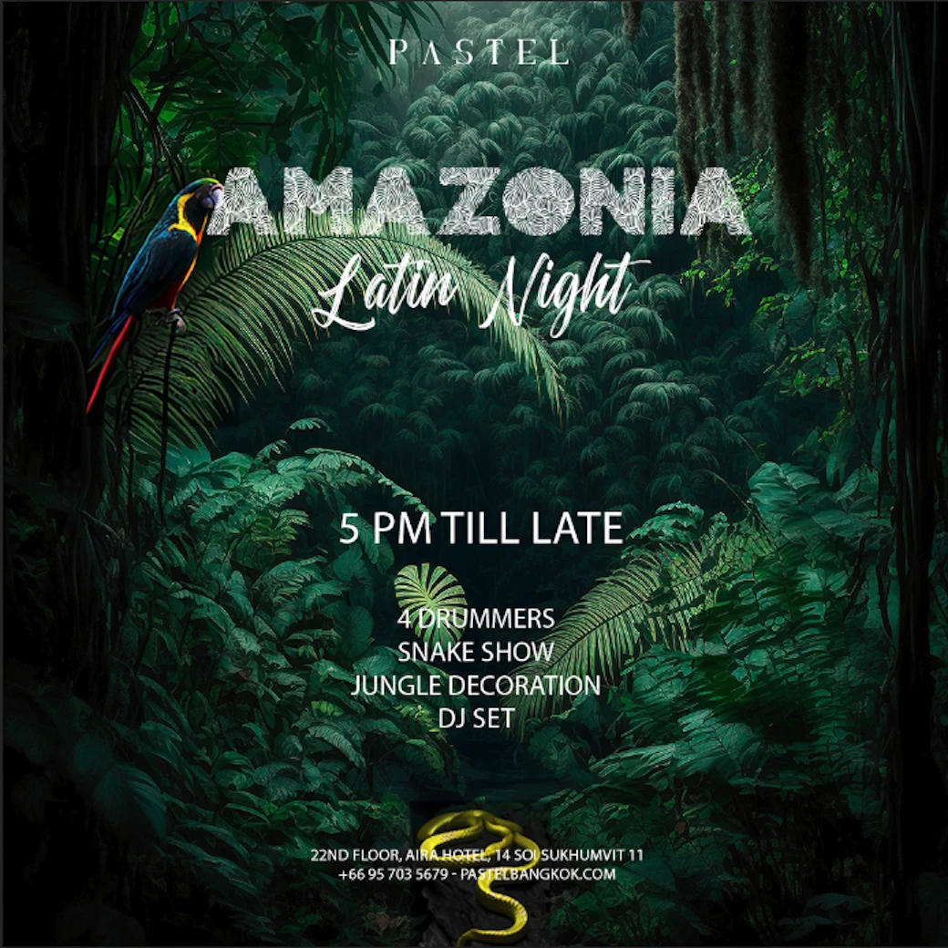 Event banner of Amazonia party at Pastel Bangkok Rooftop Bar