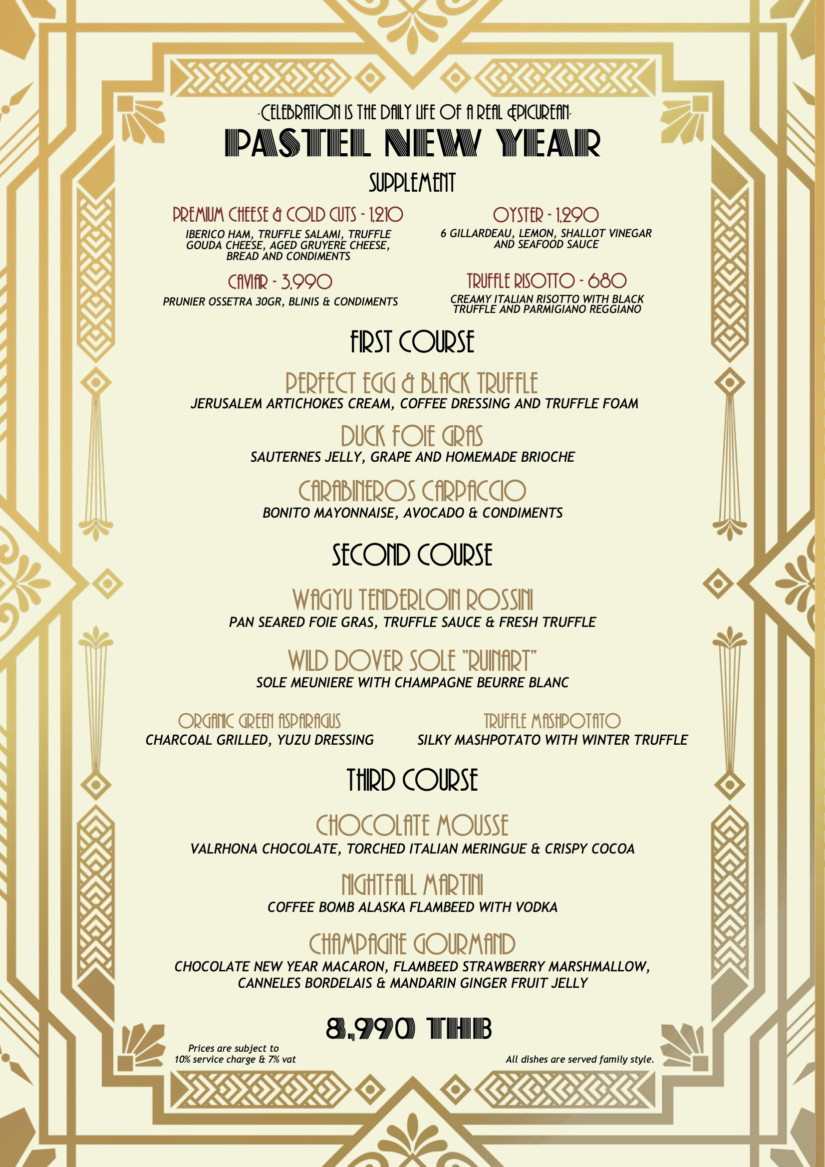 This is the special menu for New Year's Eve 2025 party at Pastel Bangkok.